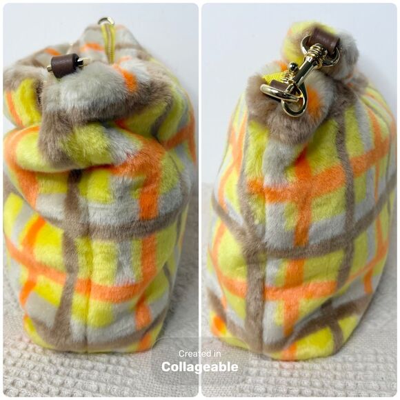 Ugg Duffy Shoulder Bag Orange Yellow Tartan Faux Fur Slouchy Purse - Picture 5 of 8